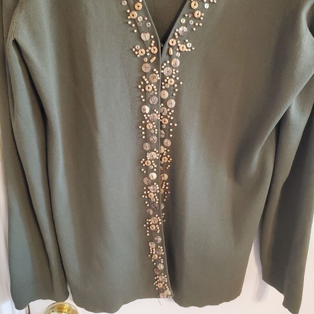 Chico's Olive Green Open Front Beaded Cardigan Size 3 US XL Boho Artsy Office - Picture 3 of 11